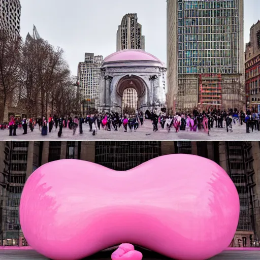 Image similar to the bean sculpture by anish kapoor painted pink, photograph, high resolution