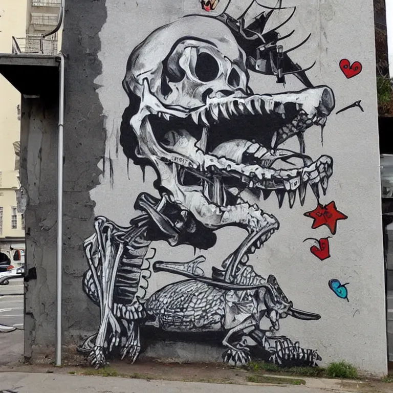 Image similar to Street-art painting of funny crocodile-skeleton in style of Banksy, comic character, cute skeleton, cartoon style, photorealism