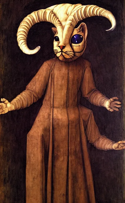 Image similar to a bipedal cat that has goat horns, anthropomorphic cat that is wearing robes, oil painting by leonardo da vinci, eldritch, magical, fog, noble, full body portrait, extremely detailed, cult, ritual, 4 k, 8 k