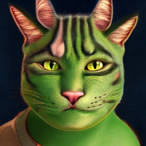 Prompt: hybrid of cat and shrek, half shrek - half cat, digital art, photo realistic, highly detailed, art by george stubbs, anton fadeev, james gurney, ilya kuvshinov