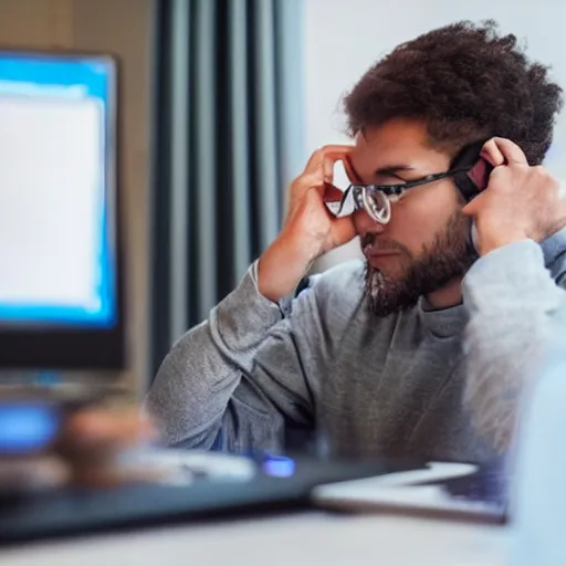 Prompt: man waiting in front of his computer for his friend to log in