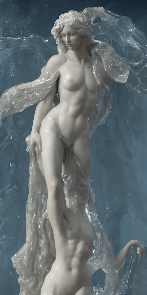 Image similar to a delicate renaissance marble goddess covered with water veil, highly detailed transparent marble cloth, gi, global illumination, physically based rendering, photorealistic, top light, dark background by Edgar Maxence and Ross Tran, boris vallejo