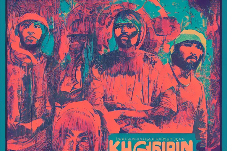 Prompt: gig poster for khruangbin witht the three band members on a plane - h 9 0 0