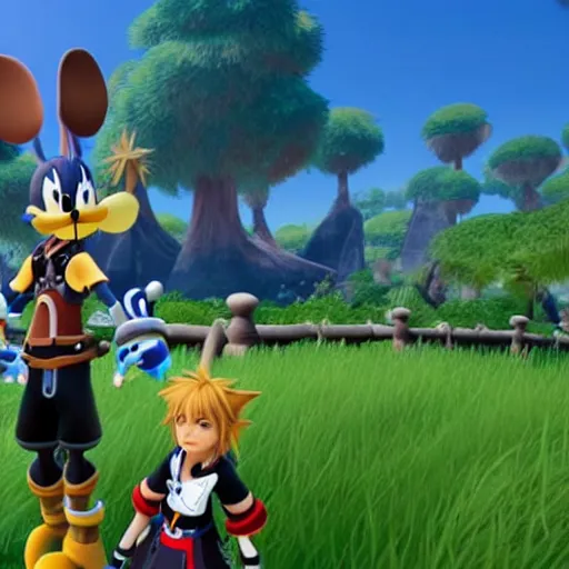 Image similar to A leaked image of a Warrior cats world in Kingdom Hearts 4, Kingdom hearts worlds, Sora donald and Goofy exploring the world of Warrior cats, action rpg Video game, Sora wielding a keyblade, Disney inspired, cartoony shaders, rtx on