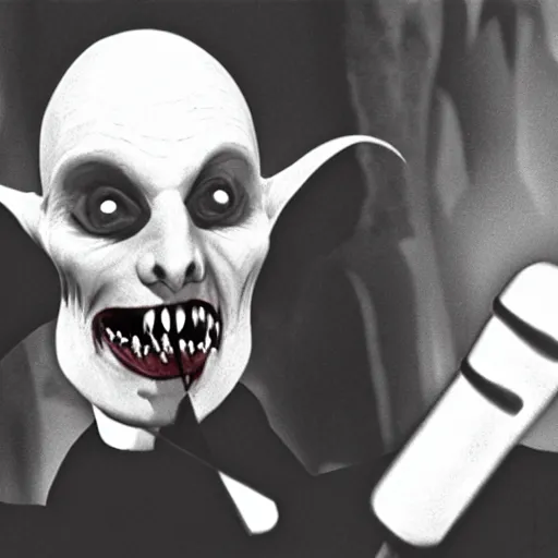 Prompt: nosferatu with a microphone singing