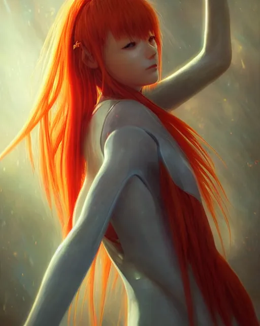 Image similar to asuka langley soryu wearing plugsuit, award winning photograph, radiant flares, realism, lens flare, intricate, various refining methods, micro macro autofocus, evil realm magic painting vibes, hyperrealistic painting by michael komarck - daniel dos santos