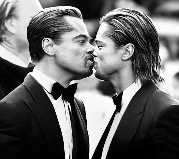 Prompt: A photograph of leonardo dicaprio kissing brad pitt, highly detailed, realistic faces, 4k, hd, professional photograph