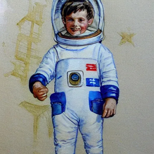 Image similar to Orville Houghton Peet and William Simpson and Jean Gautier watercolor painting sketch of a boy super scientist in a retro home made astronaut suit