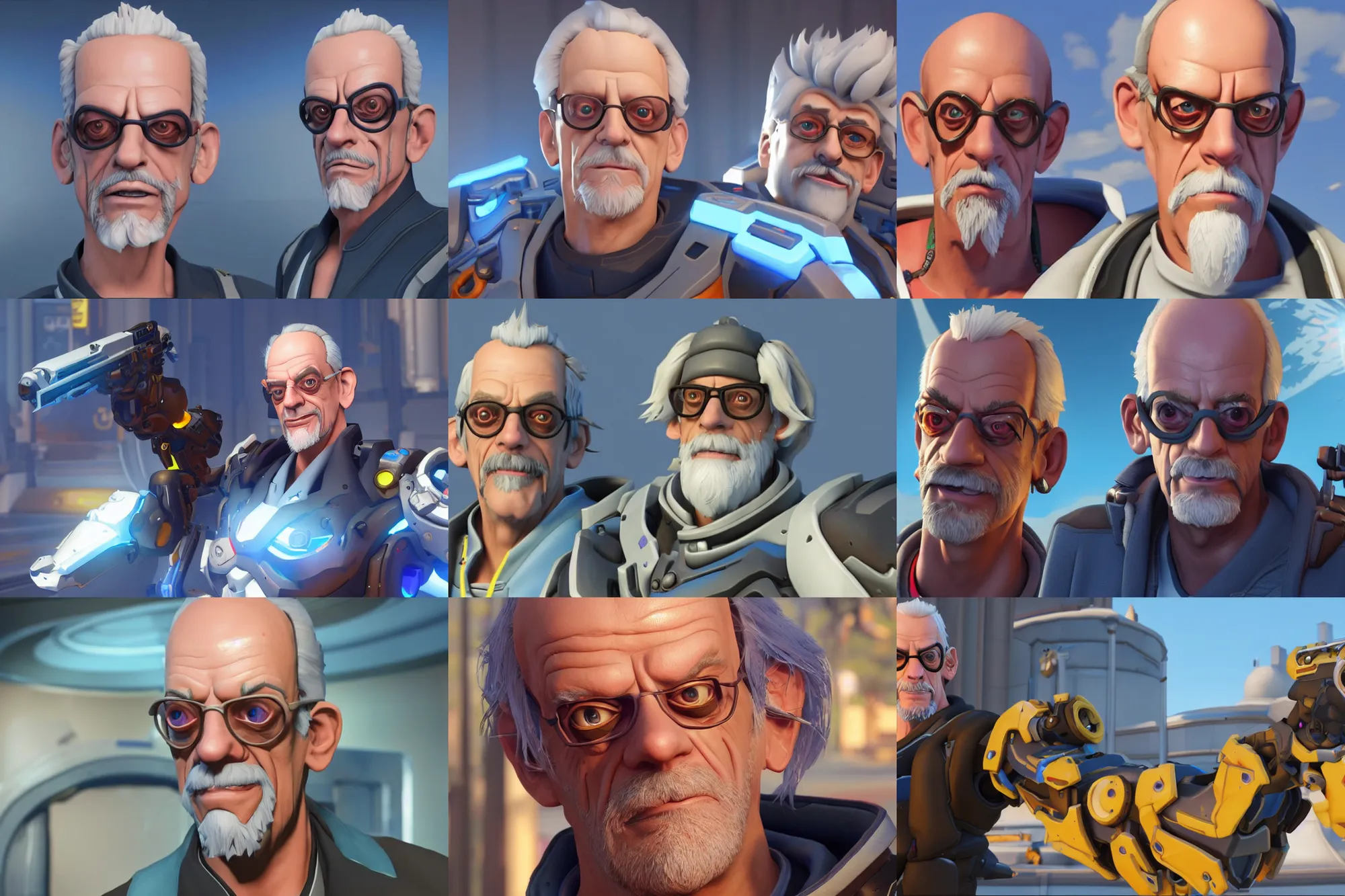 Prompt: a screenshot of christopher lloyd in the video game overwatch. 3 d rendering. unreal engine. amazing likeness. very detailed. cartoon caricature.