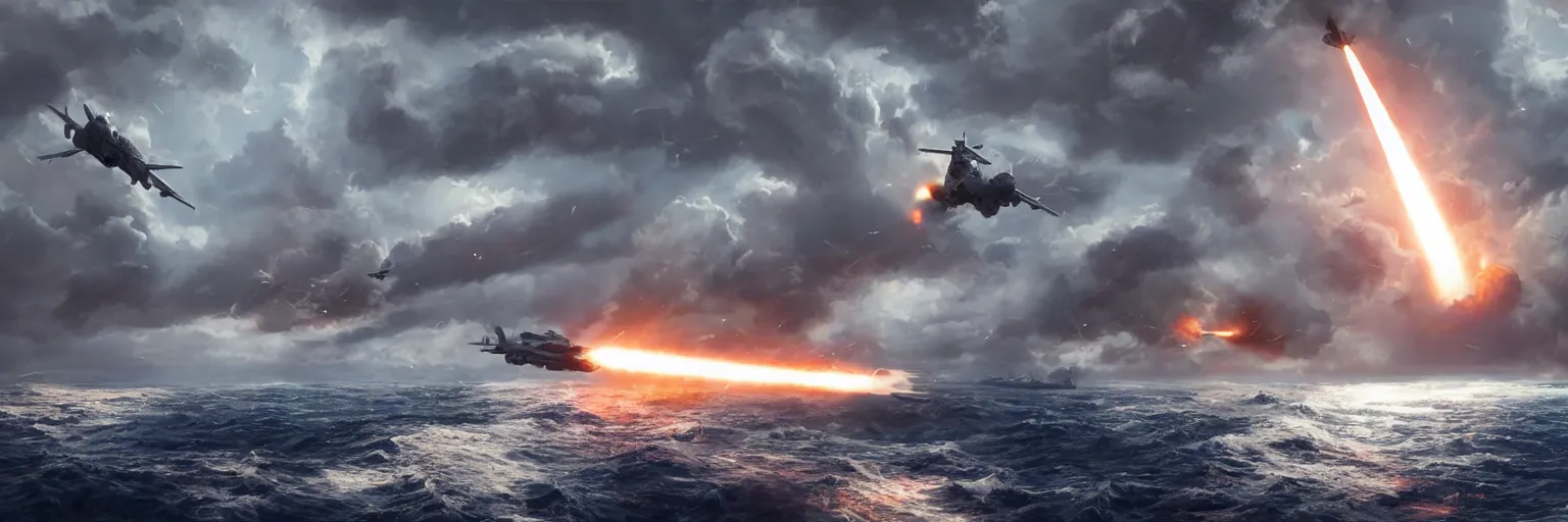 Prompt: aircraft destroyer firing intercontinental rocket In aa ocean storm, dramatic lighting, cinematic, establishing shot, extremly high detail, foto realistic, cinematic lighting, post processed, concept art, artstation, matte painting, style by eddie mendoza, raphael lacoste, alex ross