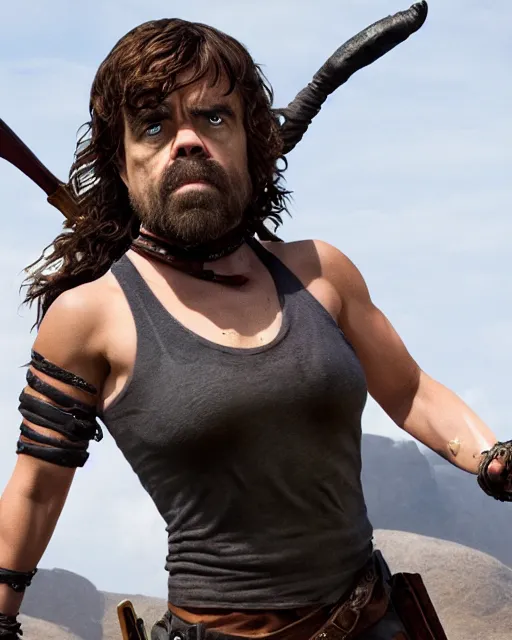 Image similar to peter dinklage as lara croft, golden hour, cinematic