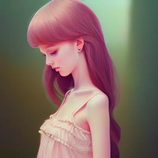 Prompt: young girl in summer dress art, pastel light pink long hair, muted colors, matte print, pastel colors, ornate, digital art, digital painting, fan art, elegant, artstation, head is centered, by Ilya Kuvshinov