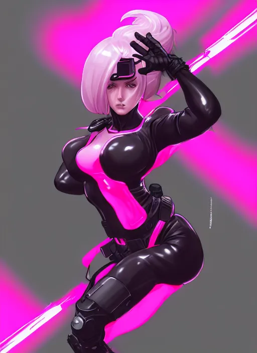 Image similar to female boss, wide angle view, neon pink and black color scheme, highly detailed, artgerm, cushart krenz, metal gear solid style, trending on artstation, soft light, sharp focus, illustration, character design, concept art