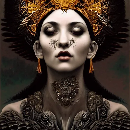 Image similar to goddess of crows, unusual beauty, emotionally evoking symbolic metaphors, head in focus, fantasy, ornamental, intricate, elegant, sensual, highly detailed digital painting, artstation, concept art, painterly, golden ratio, sharp focus, illustration, art by John Collier and Krenz Cushart and Artem Demura and and Greg Rutkowski and Alphonse Mucha and Albert Aublet