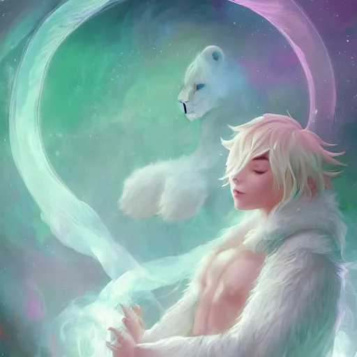 Image similar to aesthetic portrait commission of a albino male furry anthro lion entering a heavenly coherently shaped void made out of bubbles while wearing a cute mint colored cozy soft pastel wizard outfit, winter Atmosphere. Character design by charlie bowater, ross tran, artgerm, and makoto shinkai, detailed, inked, western comic book art, 2021 award winning painting