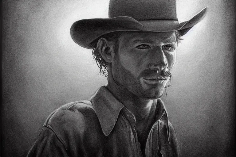 Image similar to hyperrealist pencil drawing of a cowboy by david malan, fantasy art, drawing, dynamic lighting, artstation, poster, volumetric lighting, very detailed faces, 4 k, award winning