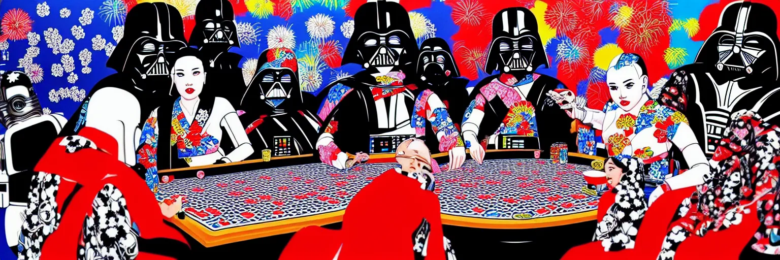 Image similar to hyperrealism composition of the detailed woman in a japanese kimono sitting at an extremely detailed poker table with darth vader and stormtrooper, ( ( r 2 d 2 ) ), ( ( c 3 po ) ), fireworks on the background, pop - art style, jacky tsai style, andy warhol style, acrylic on canvas