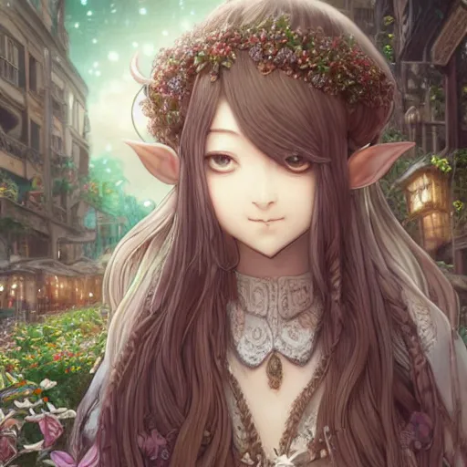 Prompt: happy elven flower seller in the city, 6 4 3 6, intricate braided hair, thin silver half - glasses, short and plump body, aadsae, manga panel by kosuke kurose, soft lighting, highly detailed face, cozy atmosphere, sharp focus, artstation, secret of mana, sophie anderson, arnold armitage, loish