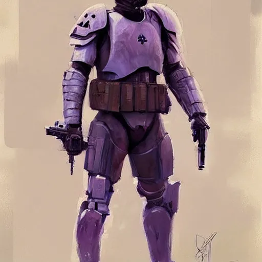 Image similar to concept art of a portrait by greg rutkowski, a soldier of the eternal empire wearing purple and white tactical gear, star wars expanded universe, smooth, sharp focus, artstation hq.