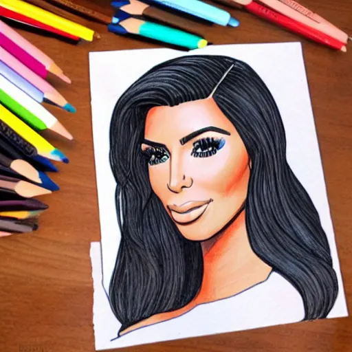 Image similar to Kim Kardashian coloring book picture, half-colored with wax crayon