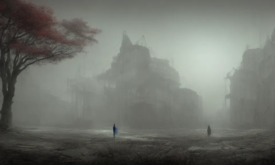 Prompt: A highly detailed 4K fantasy matte painting of silent hill, zdzislaw beksinski, ArtStation, CGSociety, Unreal Engine