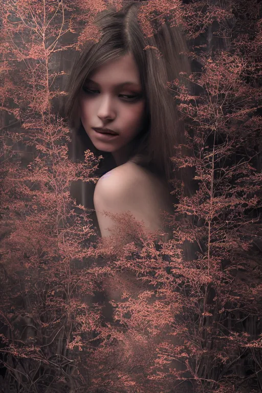 Image similar to inside a soul of a gorgeous young girl , searching for eternity, smoke out of her eyes, minimalistic dark forest, intricate ligtning, rear light, spotlight in the style of stefan kostic, realistic, sharp focus, 8k high definition, high fashion, vogue, insanely detailed, soft light, colorful smoke, intricate, elegant, art by stanley lau and artgerm, sigma 85mm art