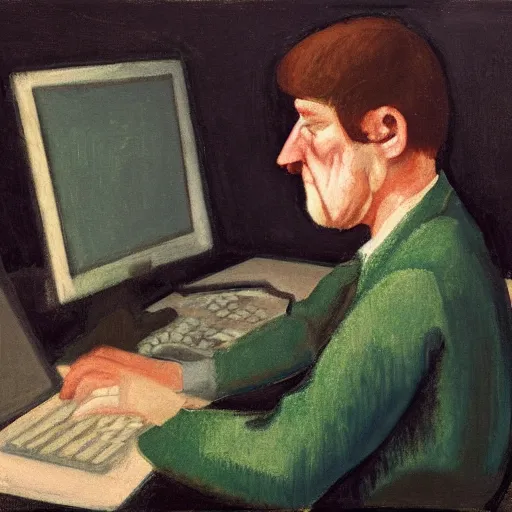 Prompt: angry scottish man at computer, detailed, ray tracing, 4 k, by paula modersohn - becker