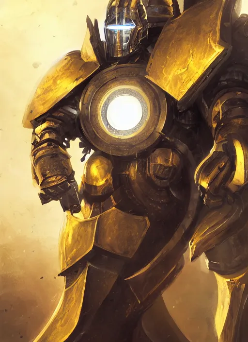 Image similar to dynamic attack position abstract portrait of a intricate glorious holy mechanical warforged character in yellow armor holding a paladin engraved great longsword drawn and carrying a big paladin shield, floodlight in middle of face , face in focus, epic , trending on ArtStation, masterpiece, cinematic lighting, by Ross Tran and by Greg Rutkowski