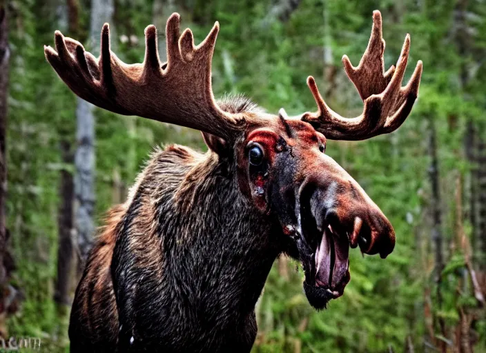 Image similar to an award winning photo of an! undead!!! zombie!! moose with red eyes, full body portrait, decaying!, moldy, evening!! in the forest, 4 k, wildlife photography, high quality, national geographic