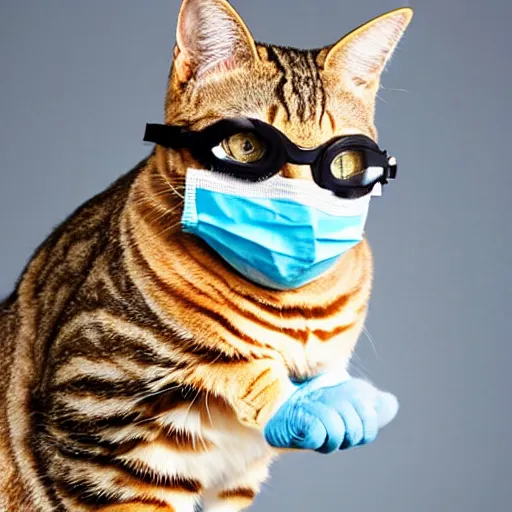 Prompt: a tabby cat wearing a medical mask and goggles