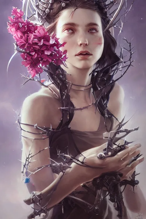 Prompt: portrait of cute gith maiden girl with crown of thorns and white hairs, warhammer, cyberpunk, 3 d render, hyper realistic detailed portrait, holding magic flowers, scifi, fantasy, hyper detailed, octane render, concept art, peter mohrbacher, artgerm, ruan jia, wlop