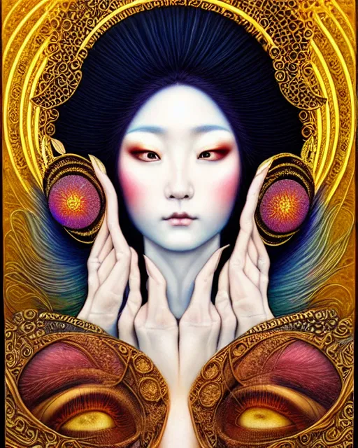 Prompt: portrait of a beautiful moon goddess, unusual beauty, esoteric, outher worldly colours, head in focus, fantasy art, ornamental aesthetics,, intricate, elegant, highly detailed, hyperrealistic painting, artstation, concept art, painterly, golden ratio, sharp focus, illustration, art by chie yoshii