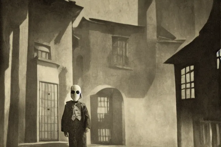 Prompt: photogravure, kid with a mask in front of a mansion, evocative, atmospheric lighting, painted, intricate, highly detailed, sharp focus, cinematic, masterpiece, german expressionism, cubic set, taken by robert wiene and fritz lang