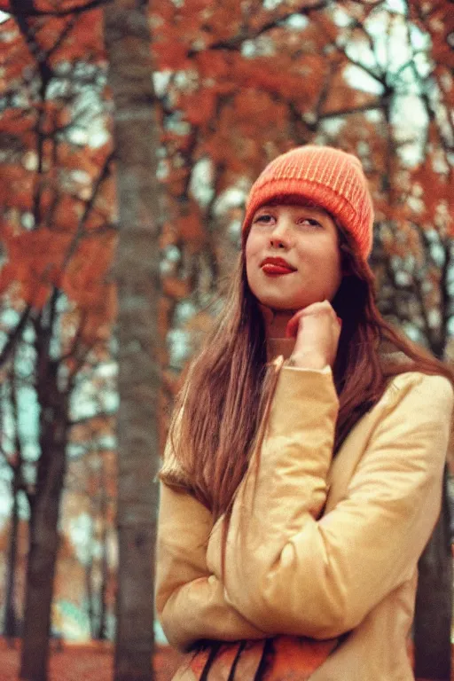 Image similar to a lomographic photo of a girl in moscow, autumn, cinestill, bokeh