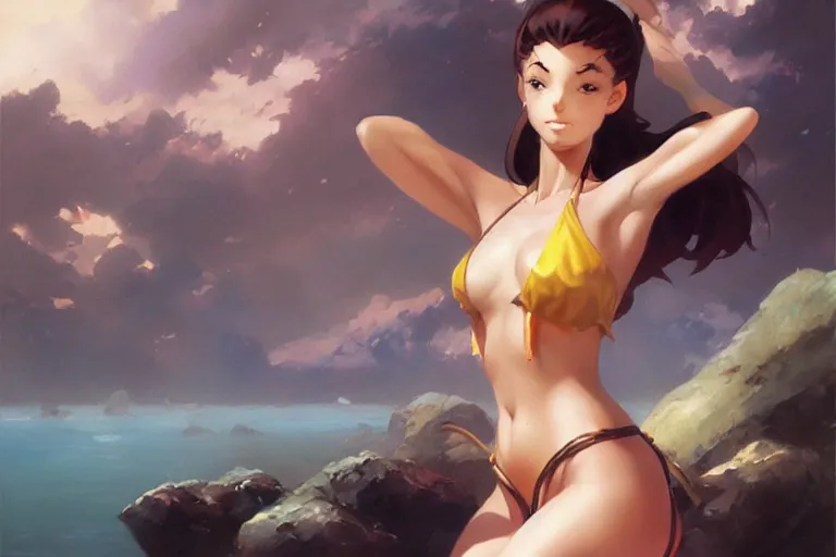 Image similar to A beautiful oil painting of a pretty anime girl in bikini, by Lucas Graciano, Frank Frazetta, Greg Rutkowski, Boris Vallejo, epic, fantasy, character art, high fantasy