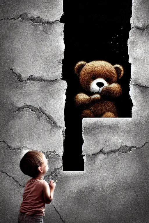 Image similar to giant crack hole on the brick concrete wall, child with dirty face watching from inside the crack reaching towards camera hand is holding a dirty ealistic teddybear. gloomy, intricate, elegant, highly detailed, digital painting, artstation, concept art, addiction, chains, smooth, sharp focus, illustration, art by ilja repin