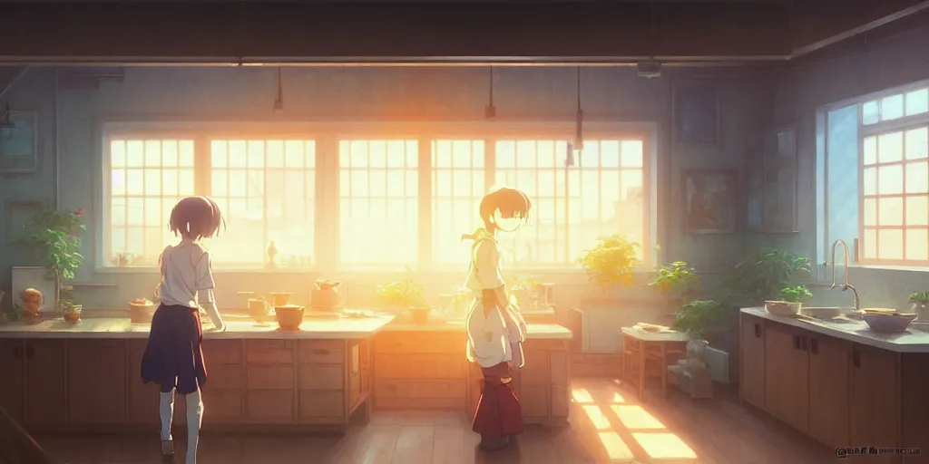 Image similar to interior background art, bright window lit kitchen, morning, steaming food on the stove, wooden floors, houseplants, cottage decor, anime, trending on pixiv fanbox, painted by greg rutkowski makoto shinkai takashi takeuchi studio ghibli, akihiko yoshida