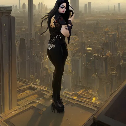 Image similar to a giantess attractive goth girl standing over a modern city, cute, intricate, highly detailed, digital painting, artstation, concept art, smooth, sharp focus, illustration, unreal engine 5, 8 k, art by artgerm and greg rutkowski and alphonse mucha