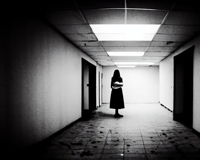 Image similar to creepy woman wearing white dress standing in the backrooms, psychological horror, the eerie forlorn atmosphere of a place that's usually bustling with people but is now abandoned and quiet, buzzing fluorescent lights above the ceiling, unsettling images, liminal space, dark