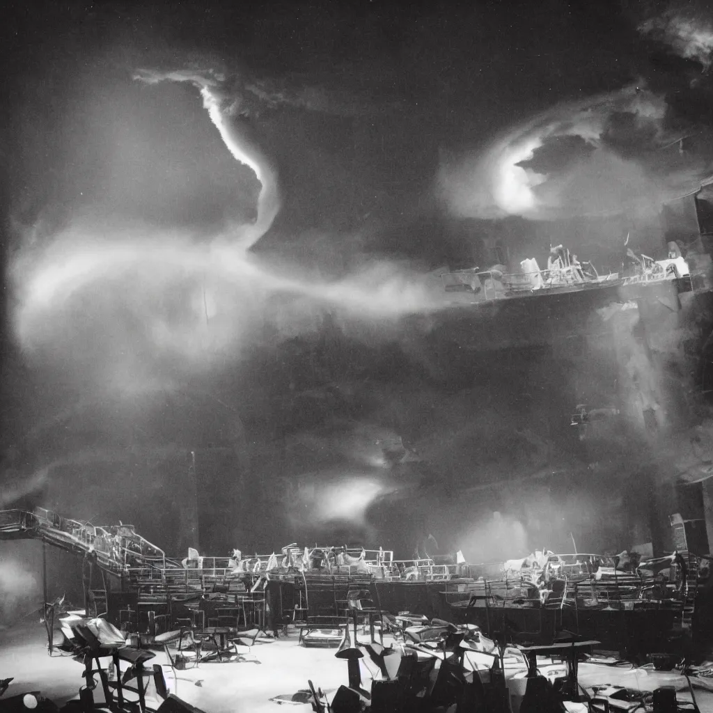 Image similar to a photograph of a tornado on a theater stage