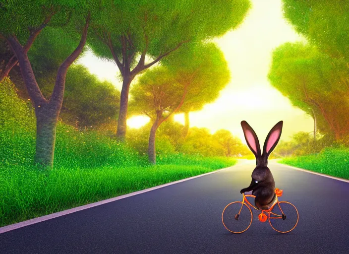 Prompt: rabbit cycling on lsd road, in marijuanas gardens, soft surface texture, very realistic 3 d render, soft sun lights, 4 k, high detailed photography result, 5 0 mm lens, rich deep colors, smooth gradients, depth of field, cinematic, hyper realism, high detail, octane render, unreal engine, 8 k, vibrant colors