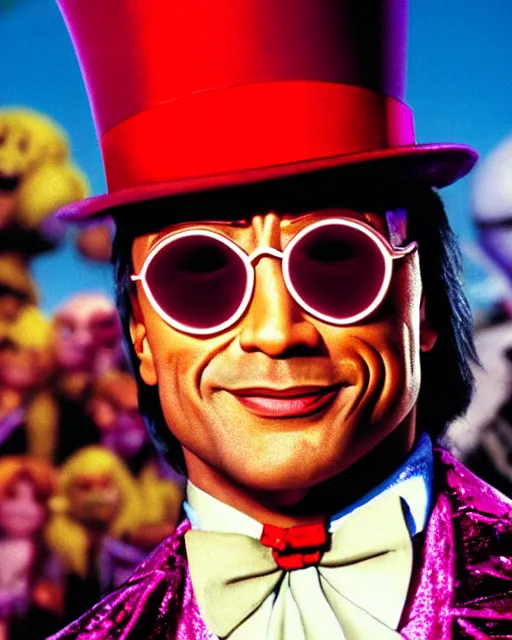Image similar to Film still close-up shot of Dwayne Johnson as Willy Wonka from the movie Willy Wonka & The Chocolate Factory. Photographic, photography