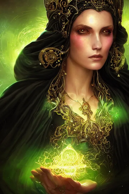 Prompt: a close - up portrait of a beautiful sorceress wearing a black robe with gold embroidery, casting a spell, green glows, painted by artgerm and tom bagshaw, highly detailed digital art