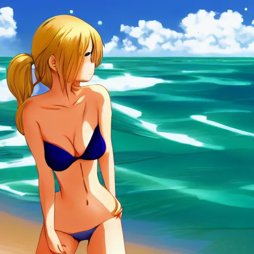 Image similar to smug anime girl at a beach, full body portrait, extremely detailed, pretty, sunny, sparkling sand, waves, lush, cinematic lighting, anime,