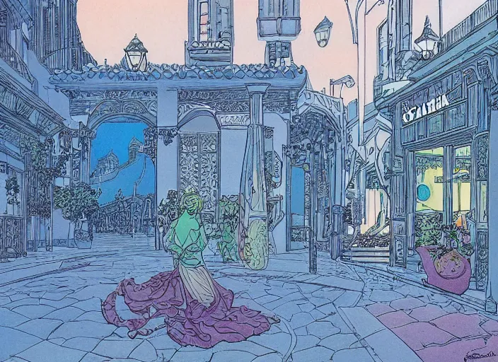 Image similar to Gran Canaria at the style of Moebius, fine details