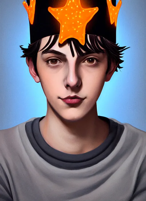 Image similar to portrait of teenage jughead jones wearing a light grey crown, symmetrical crown, hamburger background, eyes closed, crown, black hair, orange, intricate, elegant, glowing lights, warm lighting, highly detailed, digital painting, artstation, concept art, smooth, sharp focus, illustration, art by wlop, mars ravelo and greg rutkowski