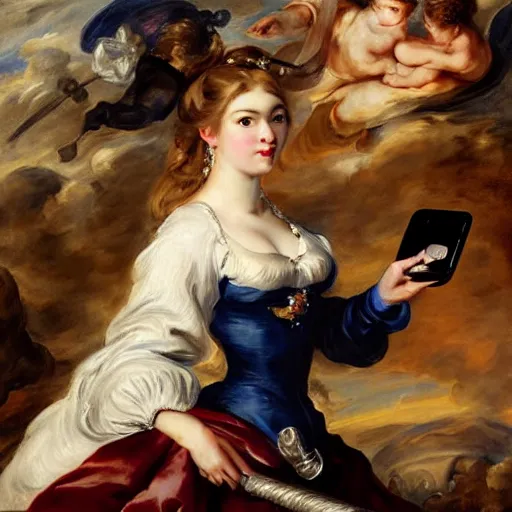 Image similar to heavenly summer sharp land sphere scallop well dressed lady taking a selfie with her iphone auslese, by peter paul rubens and eugene delacroix and karol bak, hyperrealism, digital illustration, fauvist, iphone