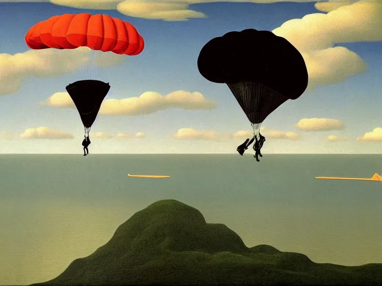 Image similar to Tom Cruise parachuting on a small island in the middle of a big lake painting by rene magritte, high detail, high resolution