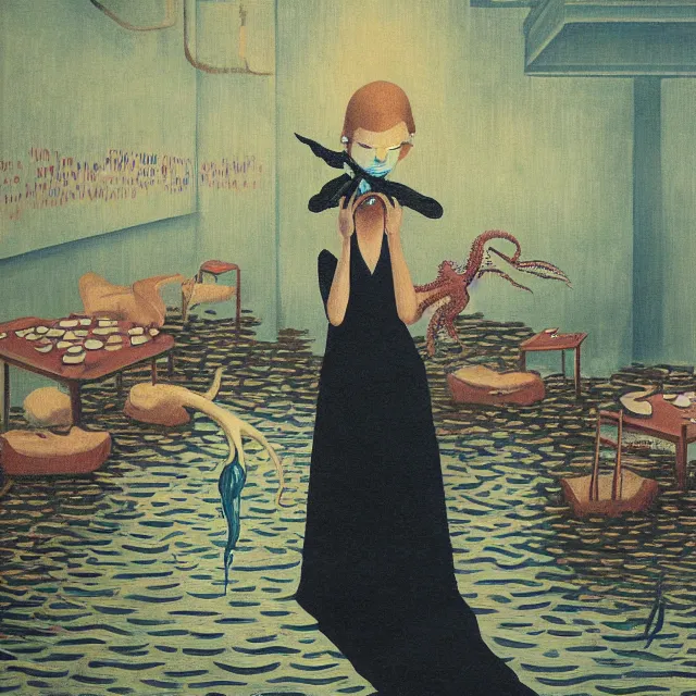 Image similar to tall female emo artist holding an octopus in a flooded cafe, octopus, water gushing from ceiling, painting of flood waters inside a cafe, a river flooding indoors, pomegranates, pigs, ikebana, water, octopus, river, rapids, waterfall, black swans, canoe, berries, acrylic on canvas, surrealist, by magritte and monet