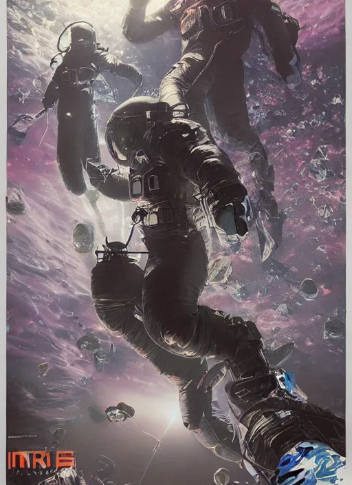 Image similar to astronauts in dark void underwater - complex and hyperdetailed technical suit. reflection and dispersion materials. rays and dispersion of light. volumetric light. f / 3 2. noise film photo. flash photography. ultra realistic, wide angle. poster by wayne barlowe, hajime sorayama aaron horkey, craig mullins